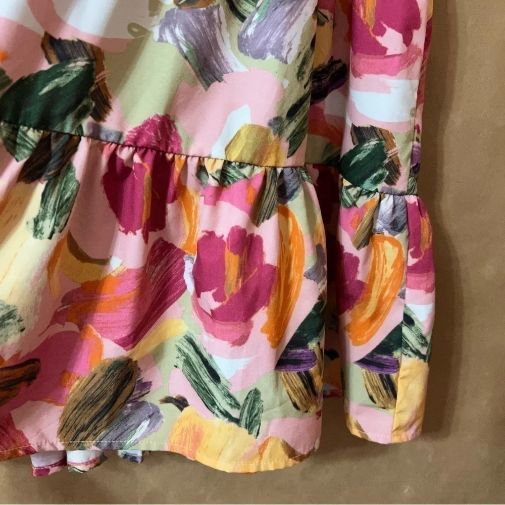 Abstract Watercolor Print Button Front Tiered Popover Mini Shirt Dress Size XS - Picture 12 of 13